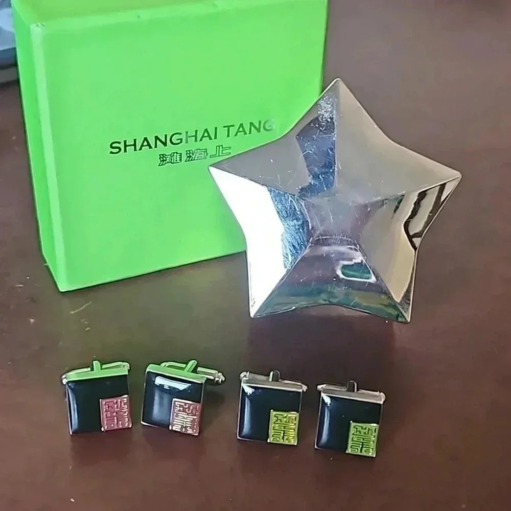 2 sets of Shanghai Tang Cufflinks Black & Red/Green Square with Silver Star Box